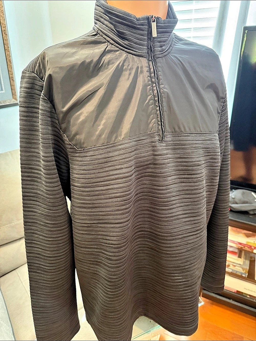 Perry Ellis Motion Nylon Pieced Quarter Zip Pullover Sweater